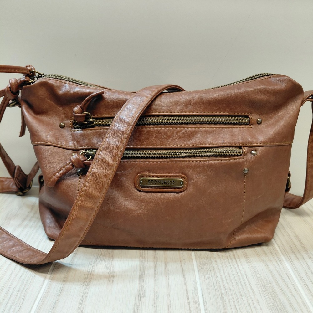 Stone & Co Leather Crossbody Bag Cognac Brown Purse Multi Zip Compartment Pocket